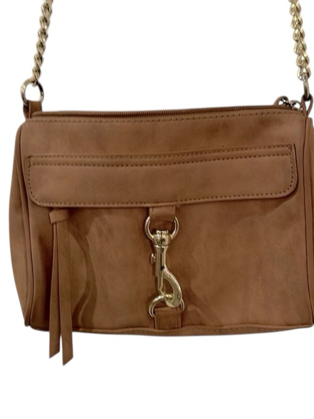 Brown suede crossbody bag with gold chain accents.   NEW - Picture 2 of 4